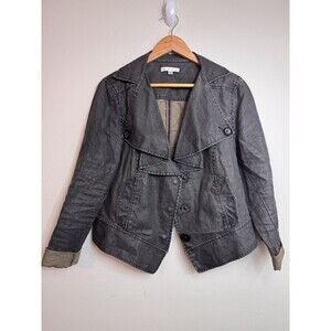 CAbi Style #901 Womens Sz Lg Waxed Denim 100% Linen Moto Jacket Blazer Ruffle